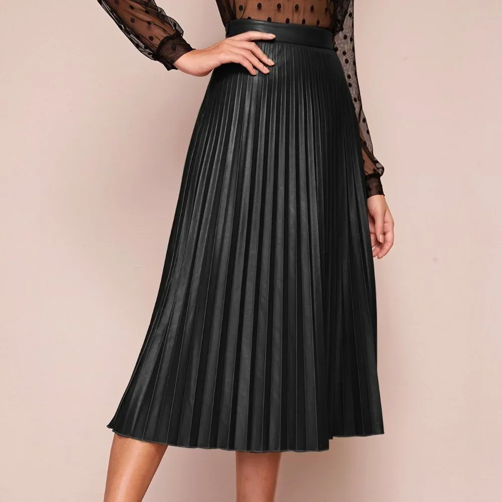 Black Preppy Womens Zipper Side Pleated PU Skirt Workwear - Picture 4 of 5